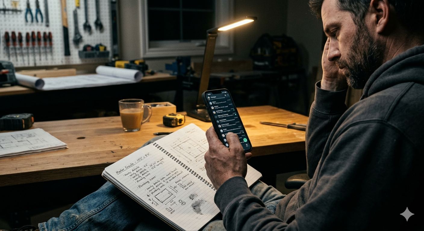 Artisan dans son atelier le soir, gérant la paperasse au lieu d'être en famille