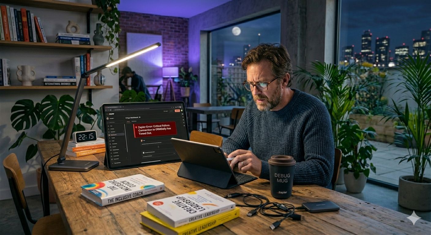Coach épuisée débuggant une automation Zapier un dimanche soir